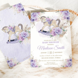 Invitation Cheval à bascule bébé en fleurs violettes Herbe de
