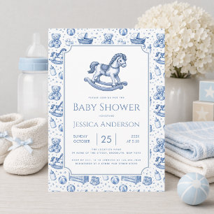 Invitation Cheval à bascule bleu Baby Shower Fête Vintage Jou