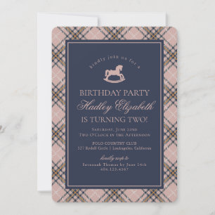 Invitation Cheval à Bascule Classique à Carreaux Tartan Rose