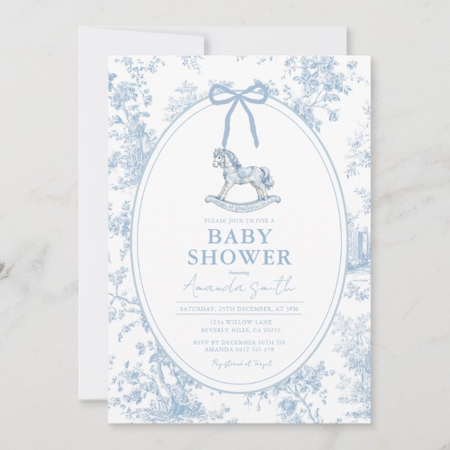 Invitation Cheval à Bascule de Baby-Shower Toile Bleue (Devant)