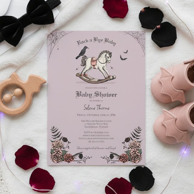 Invitation Cheval à bascule gothique violet pour une baby sho (Gothic Baby Shower Invitations. Elegant Lilac Floral Spooky Rocking Horse Illustration 4 Halloween )