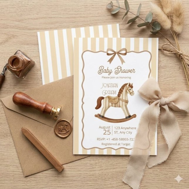 Invitation Cheval à bascule neutre Baby Shower rayé (Créateur téléchargé)