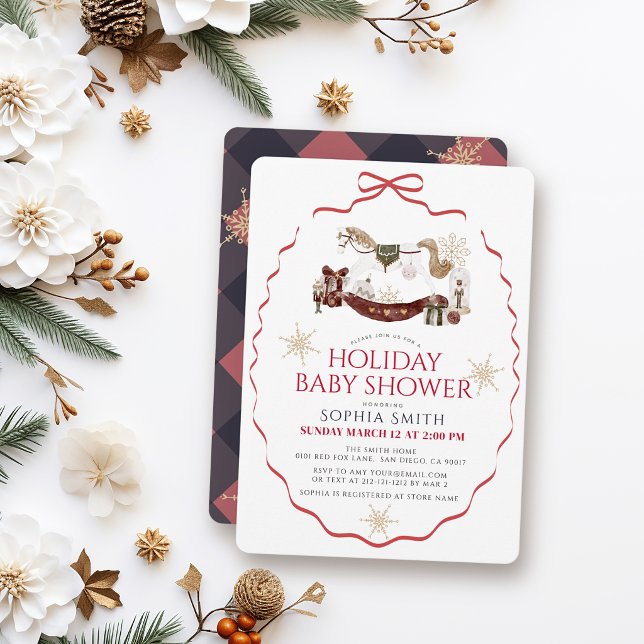 Invitation Cheval à Bascule Noël Bébé Shower Rouge (Créateur téléchargé)