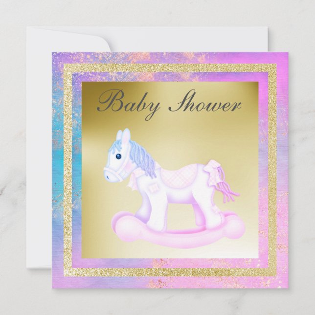 Invitation cheval à bascule pastel pailleté scintillant rose  (Devant)