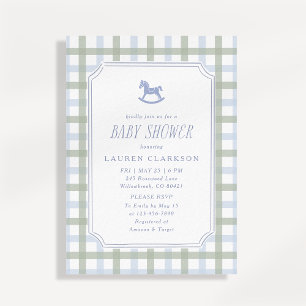 Invitation Cheval à bascule Préparatoire Bleu et Plaid Sage B