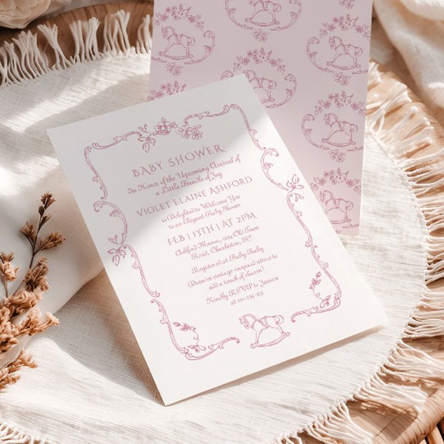 Invitation Cheval à bascule Toile de Jouy rose douche pour bé (Créateur téléchargé)