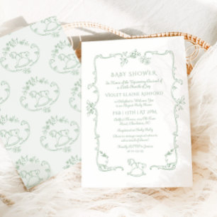 Invitation Cheval à bascule Toile de Jouy Vert Sauge Baby sho