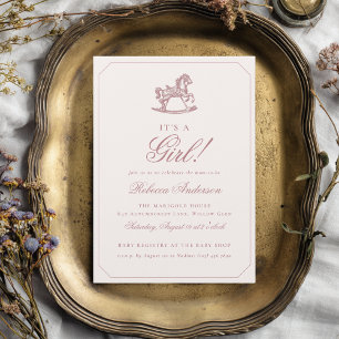 Invitation Cheval à Bascule Vintage Rose C'est une Fille Baby