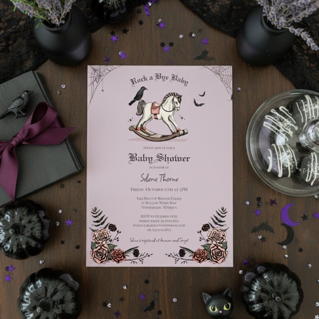 Invitation Cheval à Bascule Violet Gothique Baby Shower Rock  (Cute Gothic Halloween Baby Shower Invitation. Rocking Horse & Roses Vintage Rock a Bye Baby Shower)