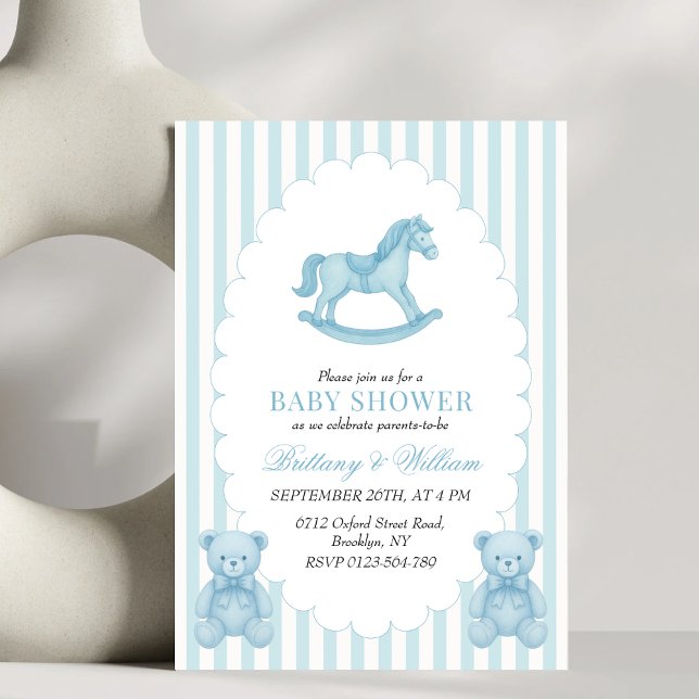 Invitation Cheval à rocher Preppy Ours Baby shower bleu (Créateur téléchargé)