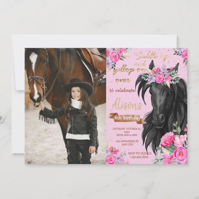 Invitation Cheval Anniversaire Fête Cowgirl rose Floral Anniv (Devant)