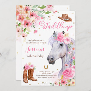Invitation Cheval Anniversaire Fête Cowgirl rose Floral Anniv