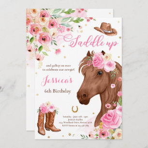 Invitation Cheval Anniversaire Fête Cowgirl rose Floral Anniv