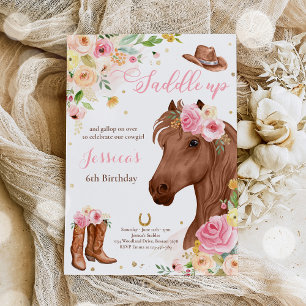 Invitation Cheval Anniversaire Fête Cowgirl rose Floral Anniv