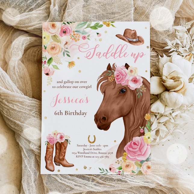 Invitation Cheval Anniversaire Fête Cowgirl rose Floral Anniv (Créateur téléchargé)