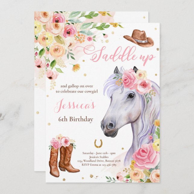 Invitation Cheval Anniversaire Fête Cowgirl rose Floral Anniv (Devant / Derrière)