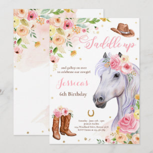 Invitation Cheval Anniversaire Fête Cowgirl rose Floral Anniv