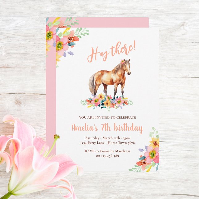 Invitation Cheval Anniversaire Floral Pony rose (Créateur téléchargé)