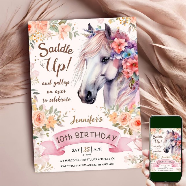 Invitation Cheval Blanc 10e anniversaire Floral Girl Saddle U (Créateur téléchargé)
