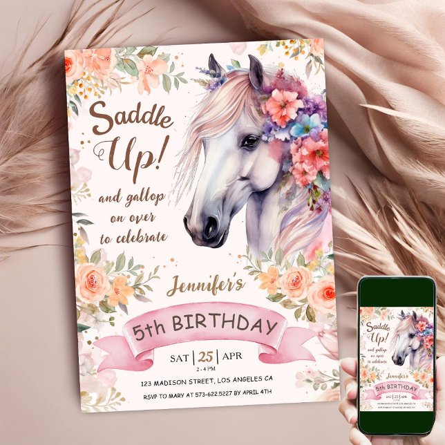 Invitation Cheval Blanc 5e anniversaire Floral Girl Saddup (Créateur téléchargé)