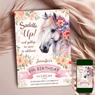 Invitation Cheval Blanc 6ème Anniversaire Fille Florale Selle