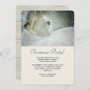 Invitation Cheval blanc et oiseau à la fête de Noël d'hiver