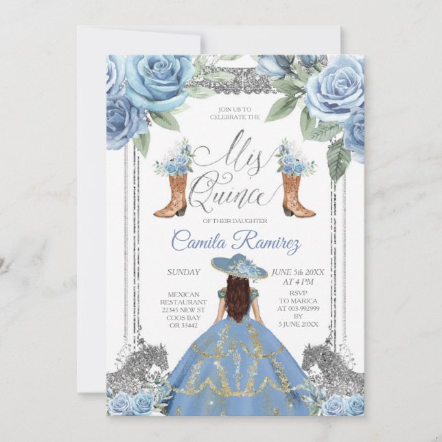 Invitation Cheval Bleu Dusty & Bottes Occidentales Douce 16e (Devant)