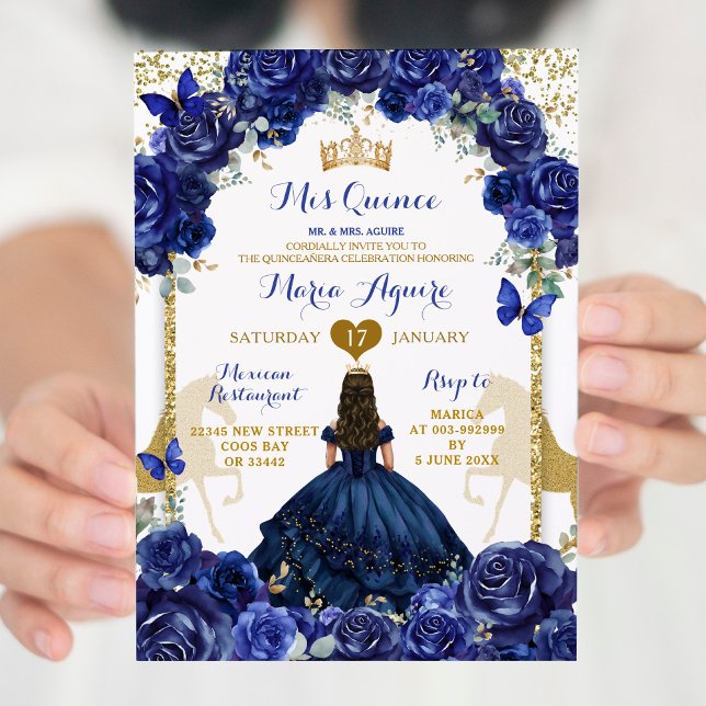 Invitation Cheval bleu Floral Or Princesse Quinceañera (Créateur téléchargé)