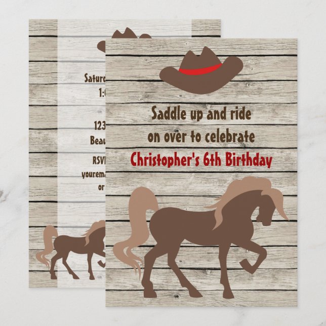 Invitation Cheval Brown et Cowboy Casquette Occident Annivers (Devant / Derrière)