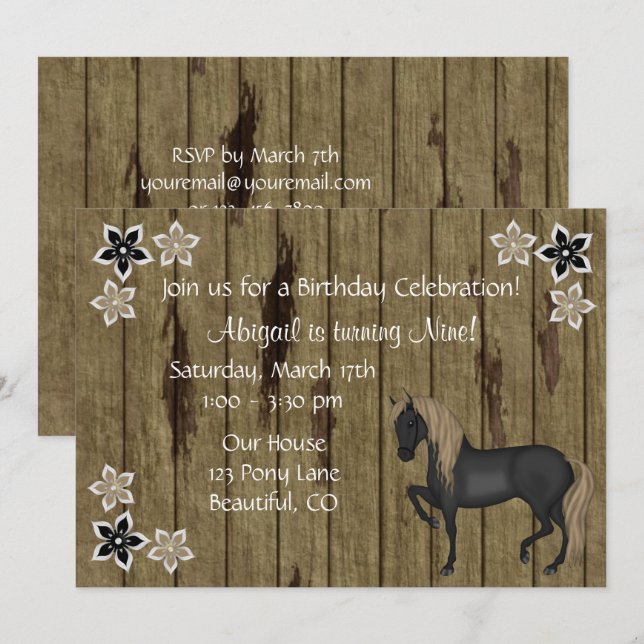 Invitation Cheval Brown et Fleurs, Faux Barn Bois Anniversair (Devant / Derrière)