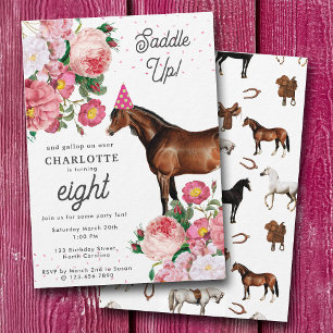 Invitation Cheval Brun Fleur Rose Fille Cowgirl Anniversaire
