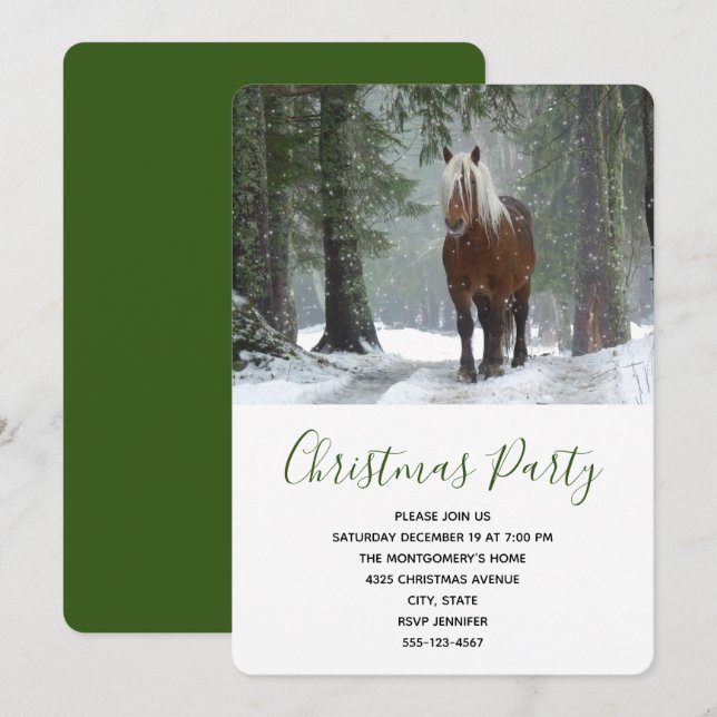 Invitation Cheval brun panoramique dans un Noël de forêt hive (Devant / Derrière)