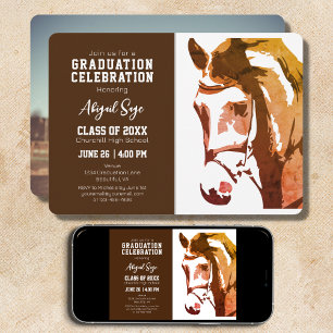 Invitation Cheval Croquis Moderne Brown blanc Photo Graduatio