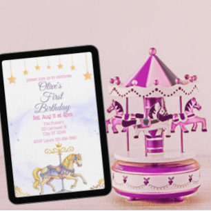 Invitation Cheval de carrousel aquarelle rose or anniversaire