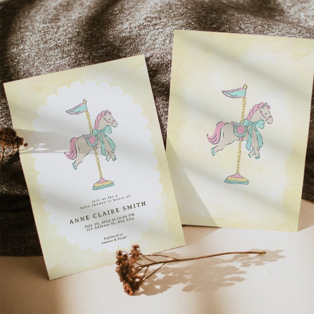 Invitation Cheval de carrousel fantaisiste Fête de bébé cirqu (Whimsical Carousel Horse Circus Baby Shower Invitation)