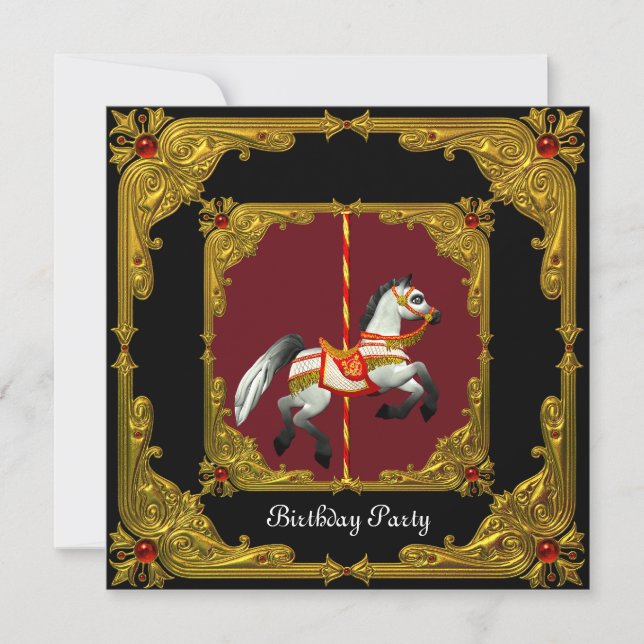 Invitation Cheval de carrousel or rouge noir royal fête d'ann (Devant)