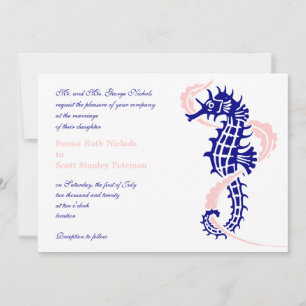 Invitation Cheval de mer et algues bleu marine, mariage rose