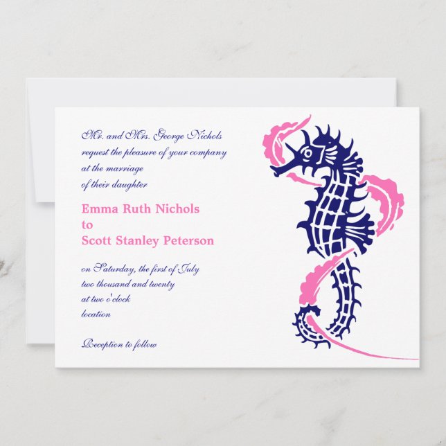 Invitation Cheval de mer et algues bleu marine, mariage rose  (Devant)