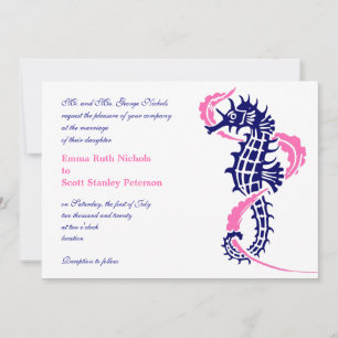 Invitation Cheval de mer et algues bleu marine, mariage rose