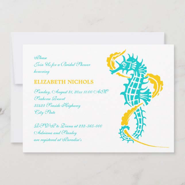 Invitation Cheval de mer turquoise, mariage jaune douche nupt (Devant)