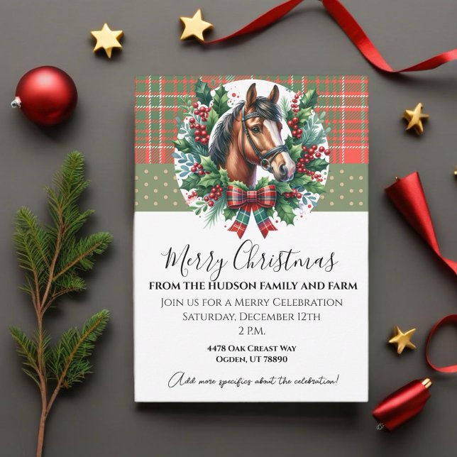 Invitation Cheval de Noël avec Plaid et Wreath (Enjoy this Festive Christmas design! Customize with your favorite holiday event or greeting. )