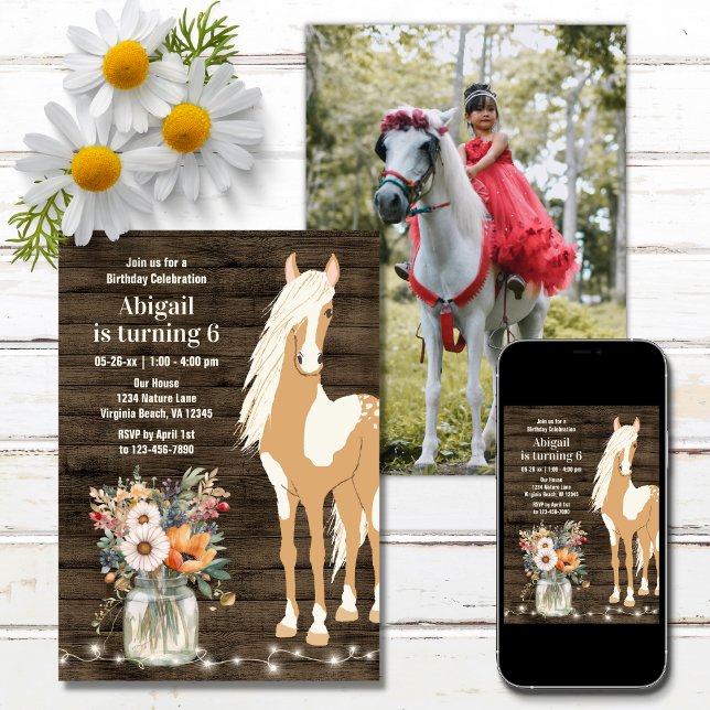 Invitation Cheval et fleurs Bois rustique Photo Anniversaire (Créateur téléchargé)