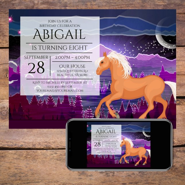 Invitation Cheval et Montagnes Violet et Bleu Anniversaire (Horse and Mountains Purple and Blue Birthday Invitation)