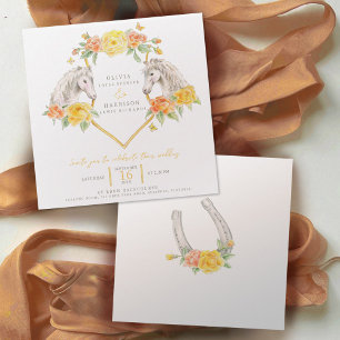 Invitation Cheval et rose aquarelle art carré mariage