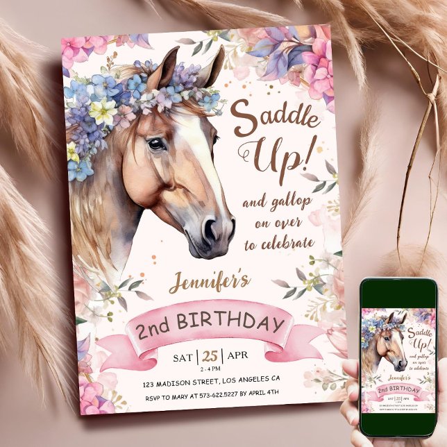 Invitation Cheval Fille 2e anniversaire Fleurs roses selle ve (Créateur téléchargé)