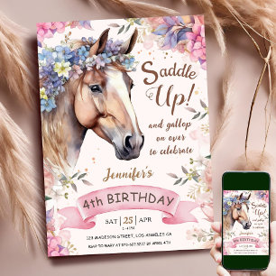 Invitation Cheval Fille 4e anniversaire Fleurs roses selle ve