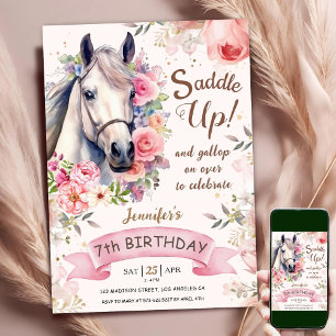 Invitation Cheval Fille 7e anniversaire Fleurs roses selle ve