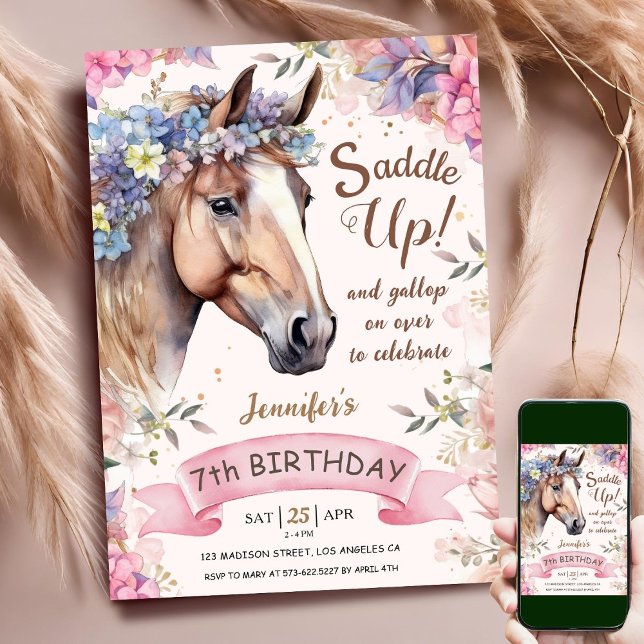Invitation Cheval Fille 7e anniversaire Fleurs roses selle ve (Créateur téléchargé)