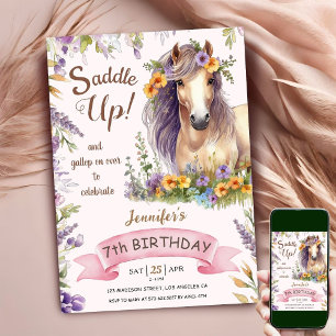 Invitation Cheval Fille 7ème Anniversaire Violet Floral Saddl