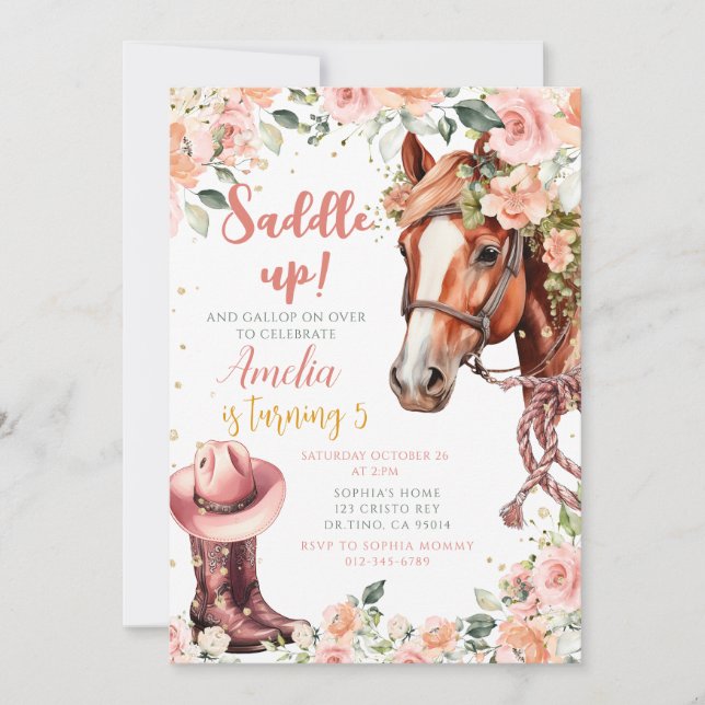Invitation Cheval Fille Anniversaire Cowgirl rose Floral (Devant)